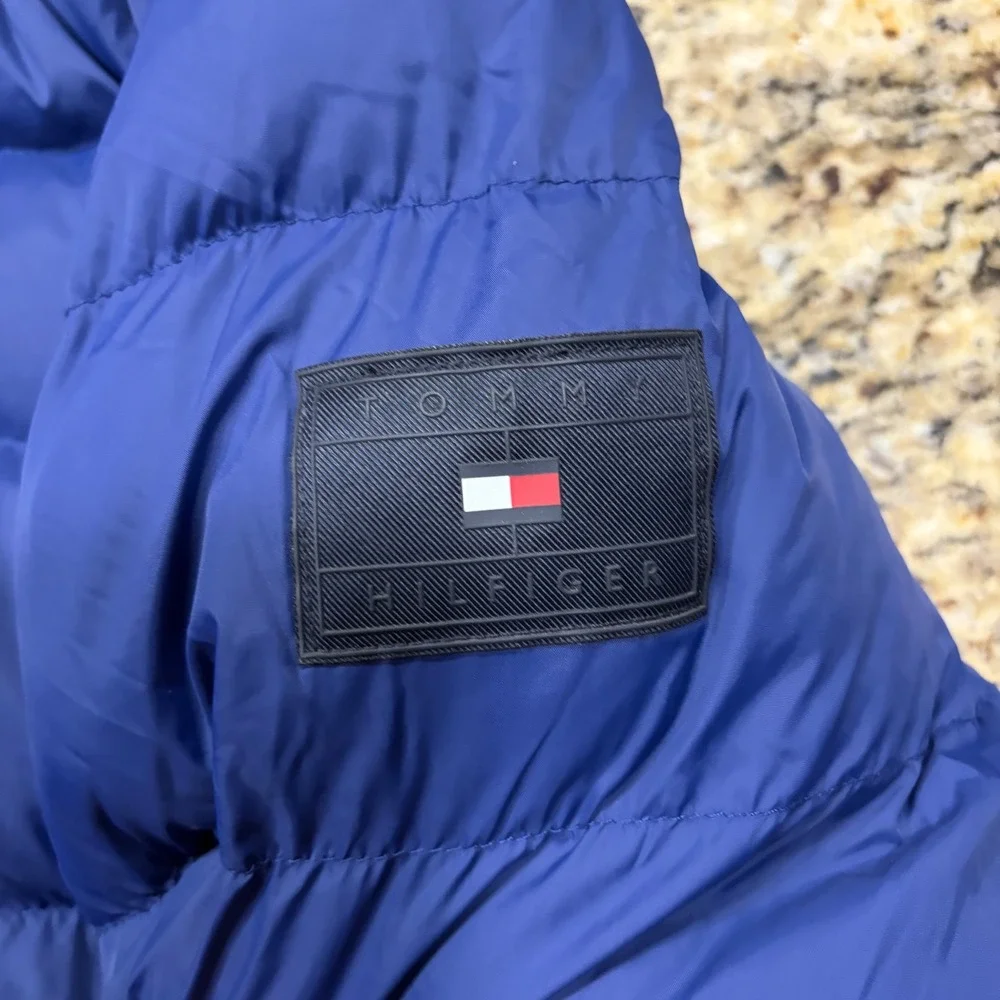 Tommy Hilfiger Mens Blue Puffer Jacket Hooded Water Resistant Size S